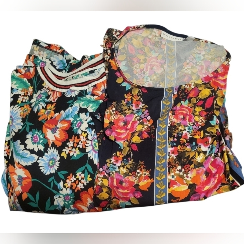 Susan Graver Bundle Of Two Floral Long Sleeve Tunic Tops Size 2XL